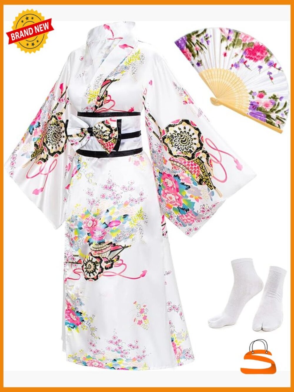 Japanese Kimono Robe Geisha Yukata Sweet Dress Satin Bathrobe Sleepwear Fans